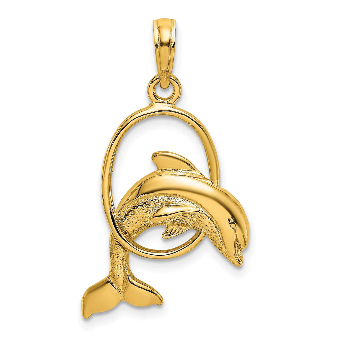 10K Yellow Gold Polished Dolphin Jumping Through Hoop Charm, Large