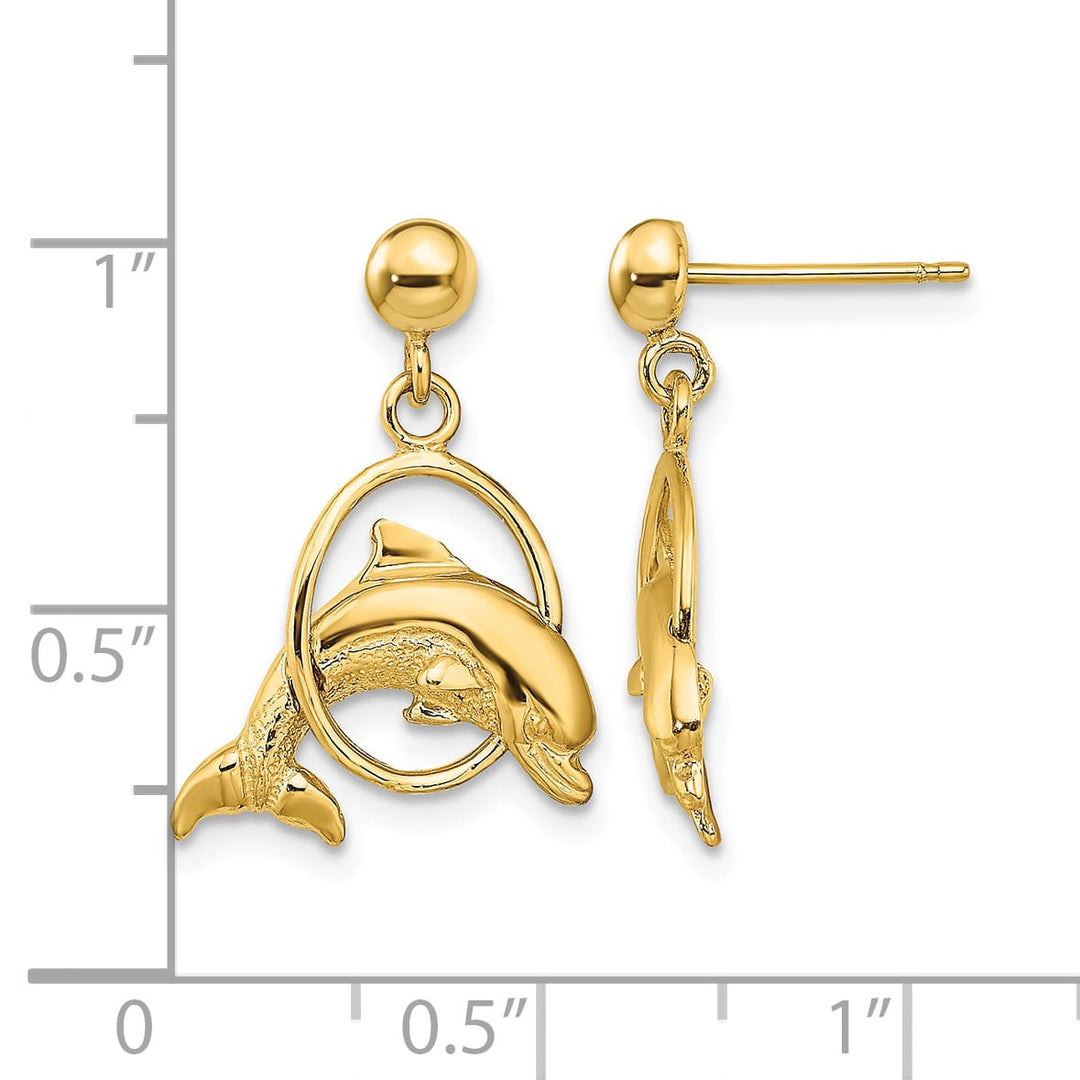 10k Yellow Gold Polished Dolphin Jumping Through Hoop Dangle Post Earrings