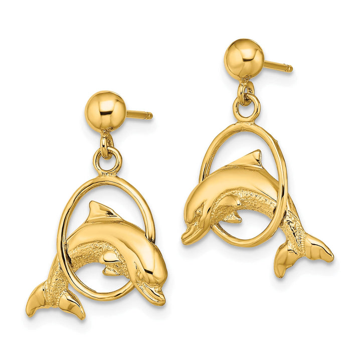 10k Yellow Gold Polished Dolphin Jumping Through Hoop Dangle Post Earrings