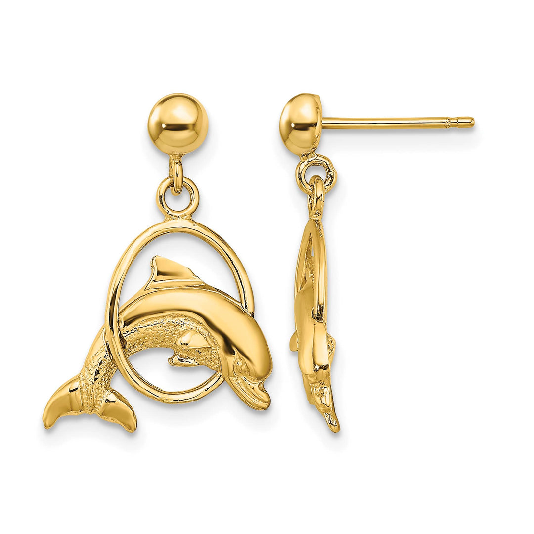 10k Yellow Gold Polished Dolphin Jumping Through Hoop Dangle Post Earrings