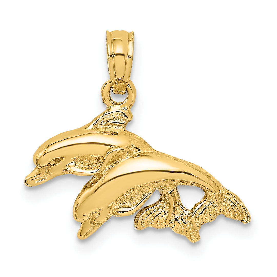 10K Yellow Gold Polished Double Dolphins Jumping Charm