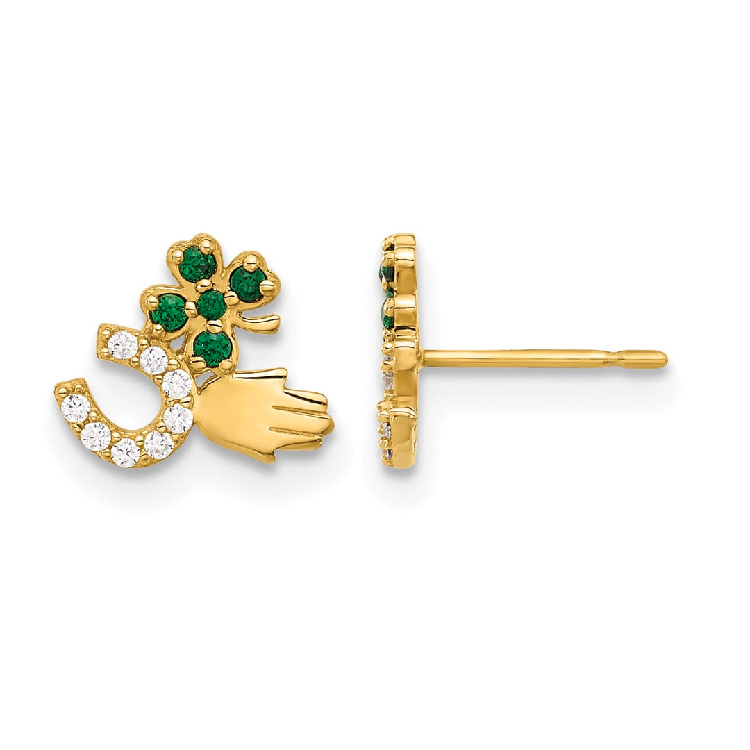 10k Yellow Gold Polished Green and Clear CZ Good Luck Post Earrings