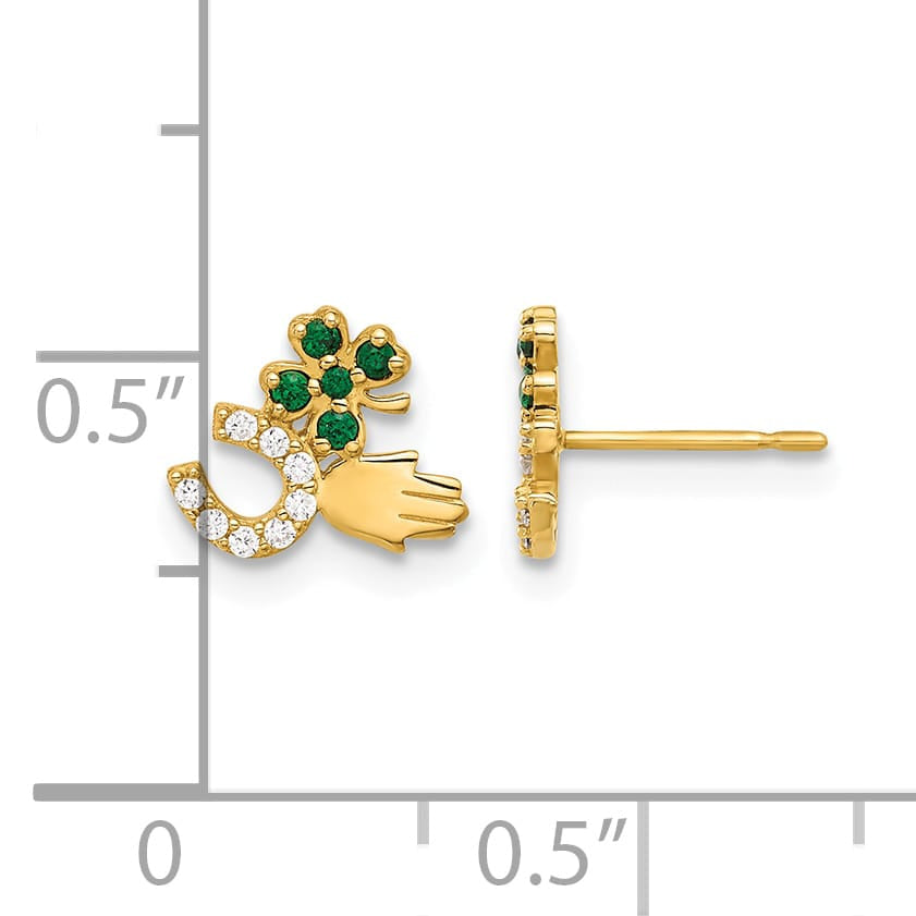 10k Yellow Gold Polished Green and Clear CZ Good Luck Post Earrings