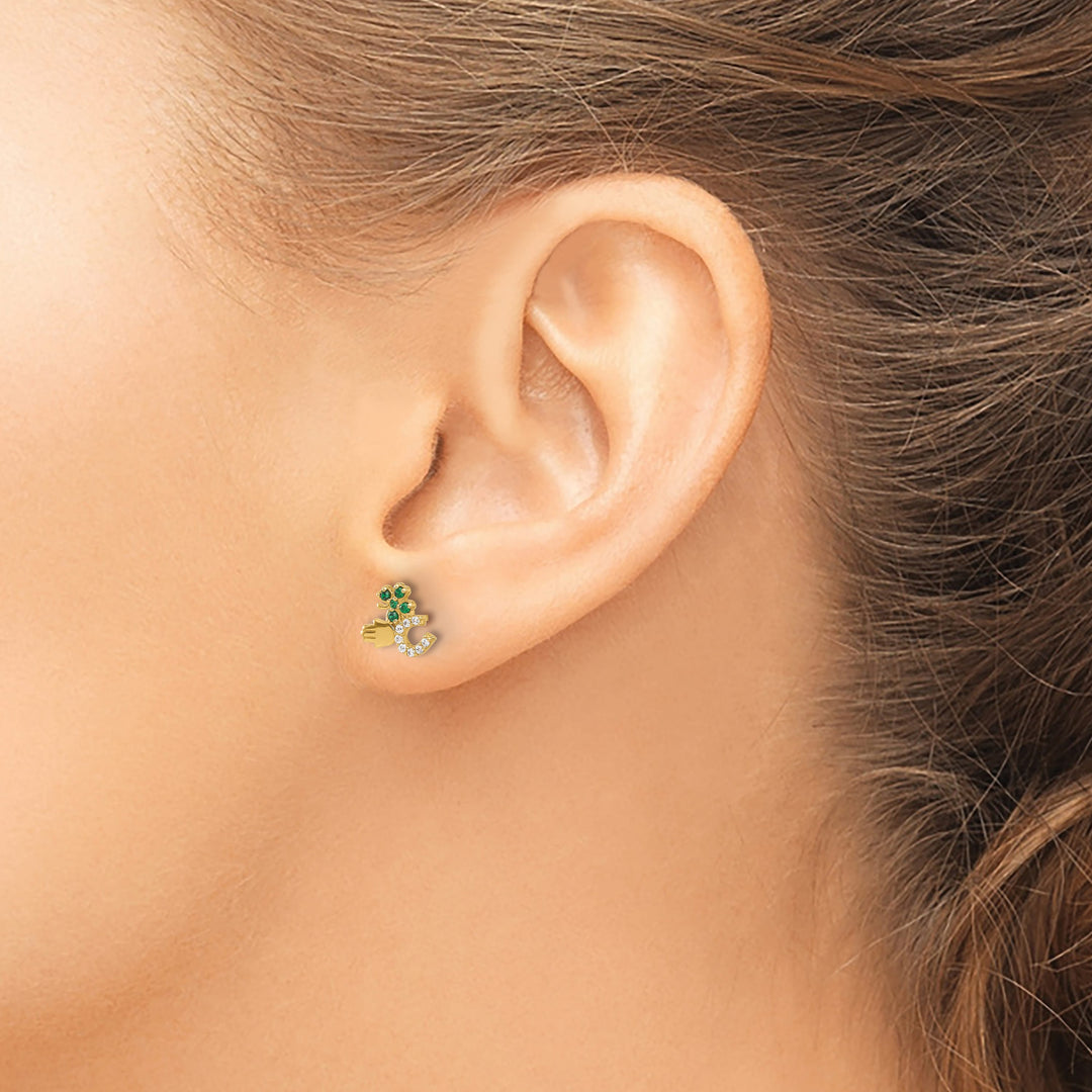 10k Yellow Gold Polished Green and Clear CZ Good Luck Post Earrings