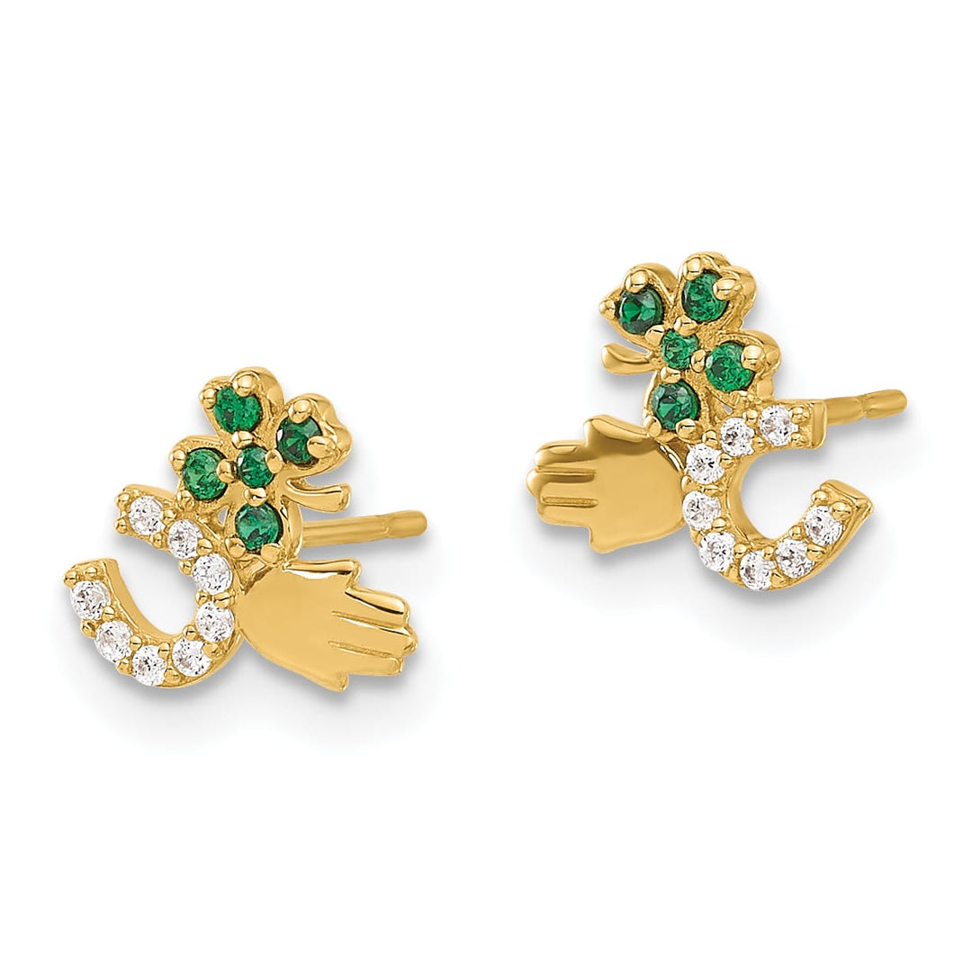 10k Yellow Gold Polished Green and Clear CZ Good Luck Post Earrings