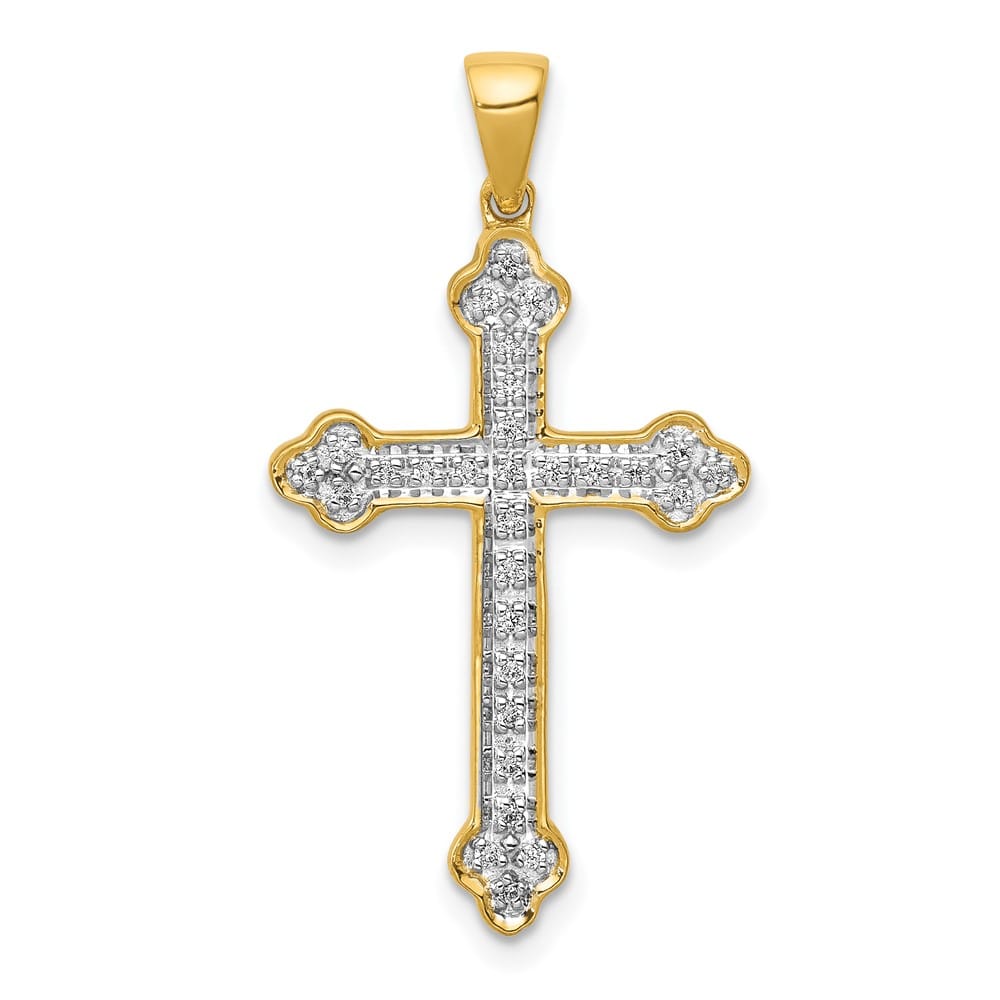 10K Yellow Gold Polished Large 1/10 ct Diamond Budded Cross Pendant