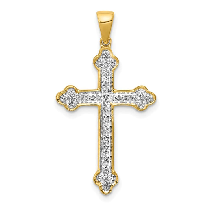 10K Yellow Gold Polished Large 1/10 ct Diamond Budded Cross Pendant