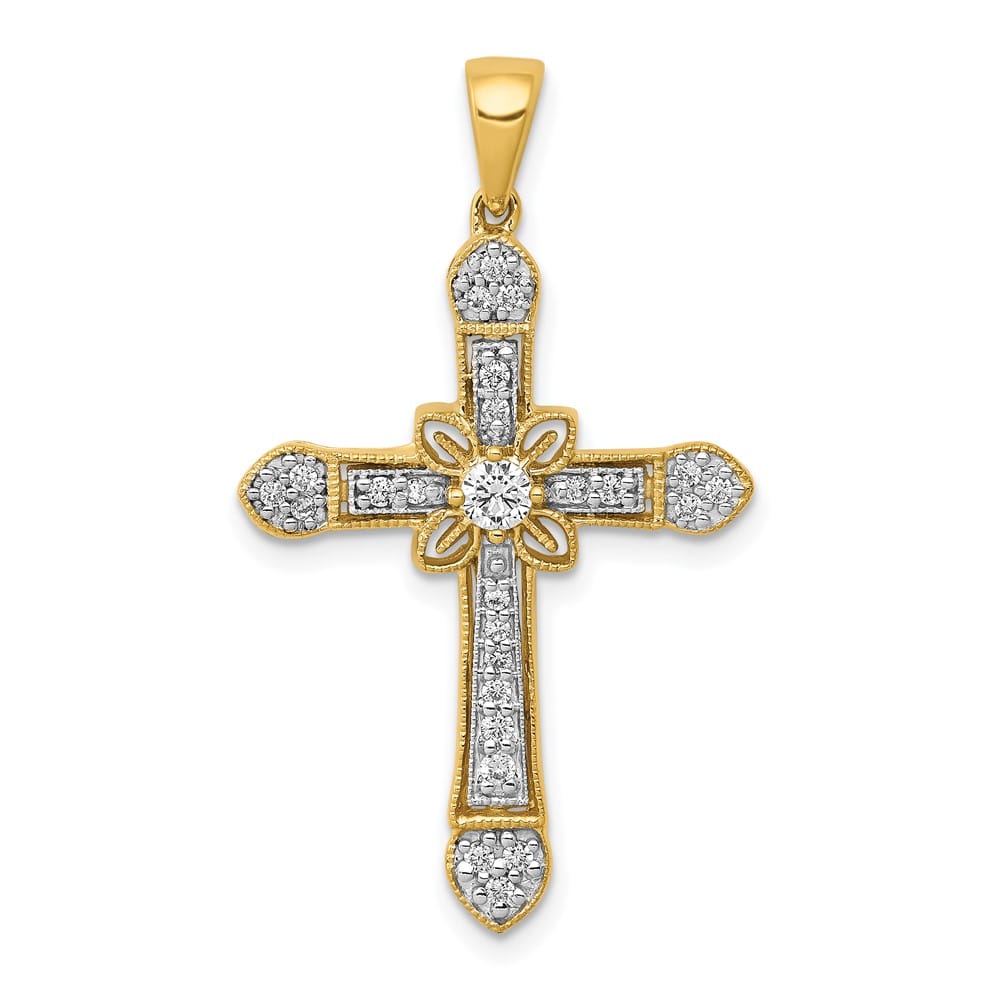 10K Yellow Gold Polished Large 1/3 ct Diamond Filigree Cross Pendant