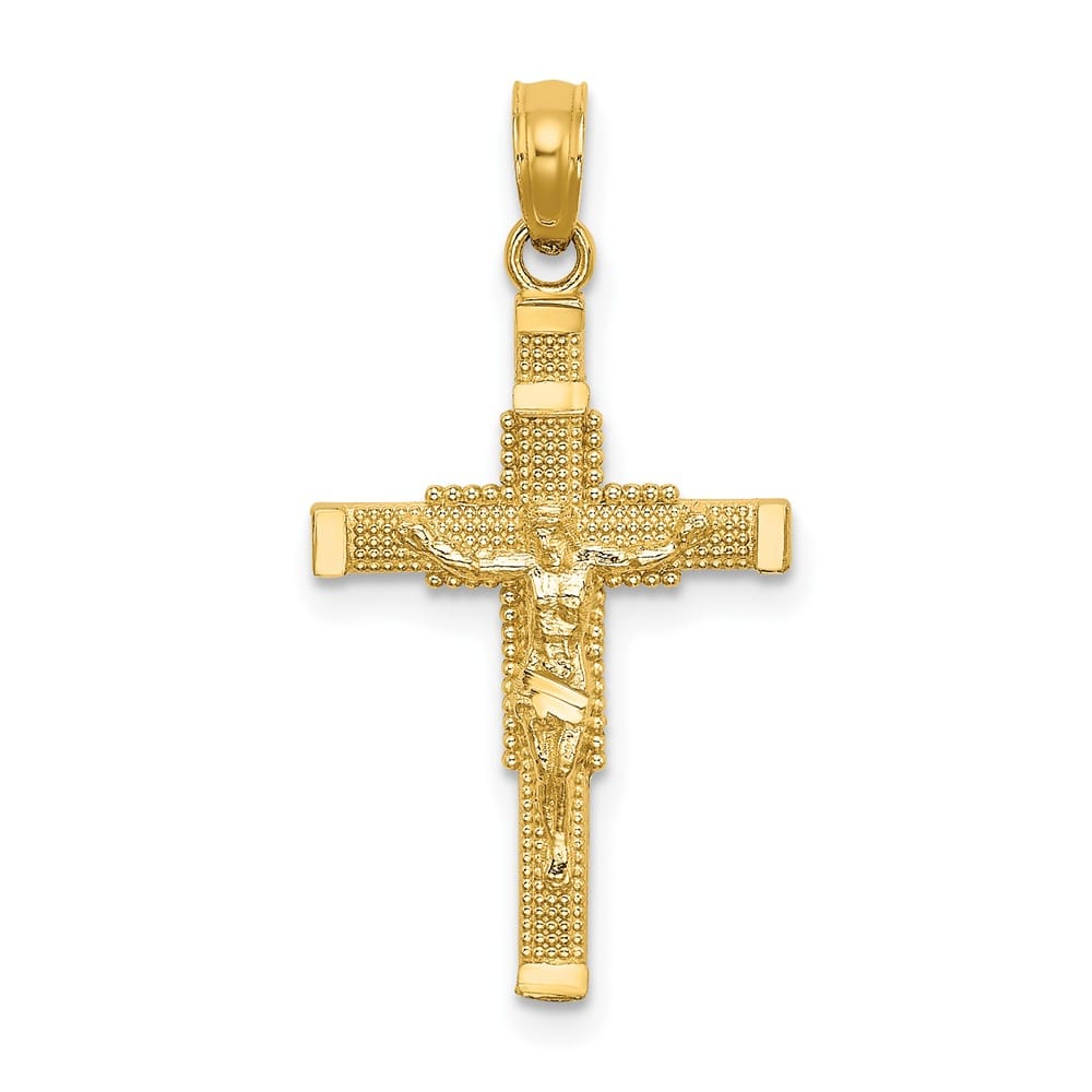 10K Yellow Gold Polished Large Beaded Accent Latin Crucifix Charm