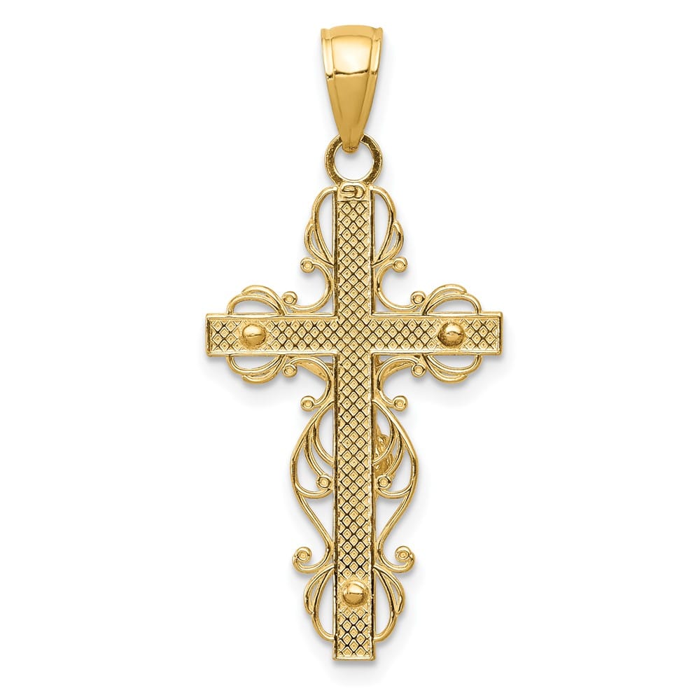 10K Yellow Gold Polished Large Crucifix with Lace Trim Pendant