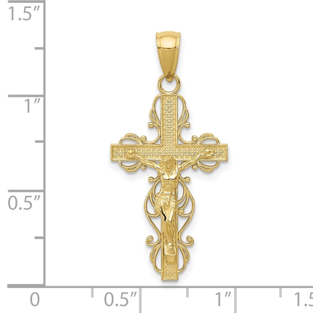 10K Yellow Gold Polished Large Crucifix with Lace Trim Pendant