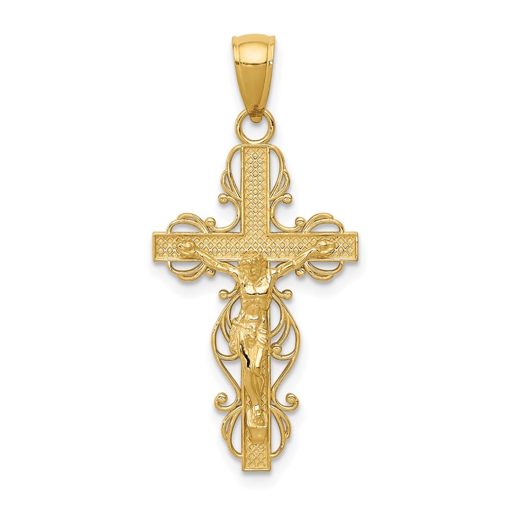 10K Yellow Gold Polished Large Crucifix with Lace Trim Pendant