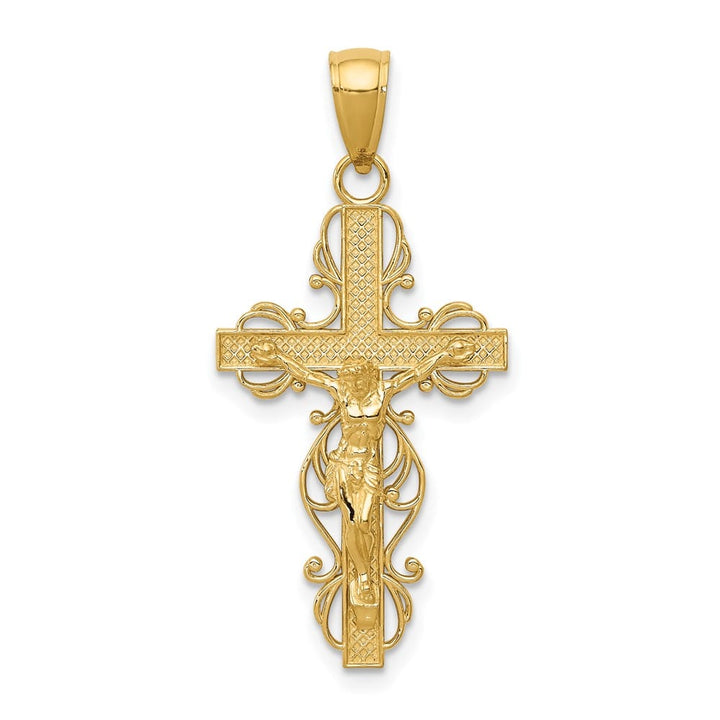 10K Yellow Gold Polished Large Crucifix with Lace Trim Pendant