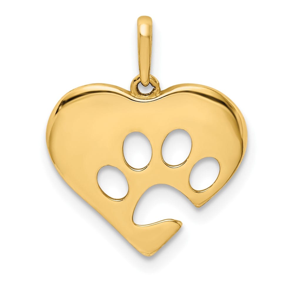 10K Yellow Gold Polished Large Heart with Cut-out Paw Print Pendant