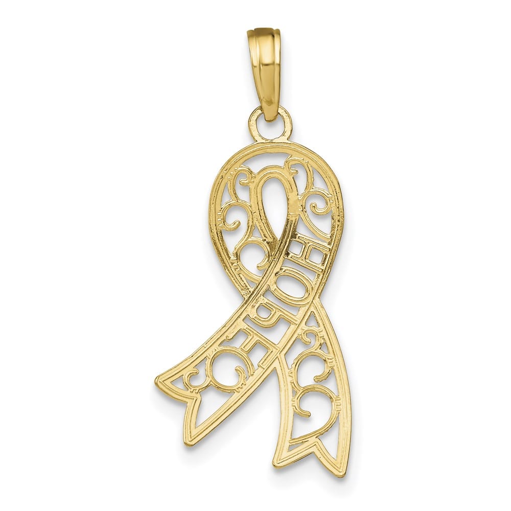 10K Yellow Gold Polished Large Hope Filigree Awareness Ribbon Charm