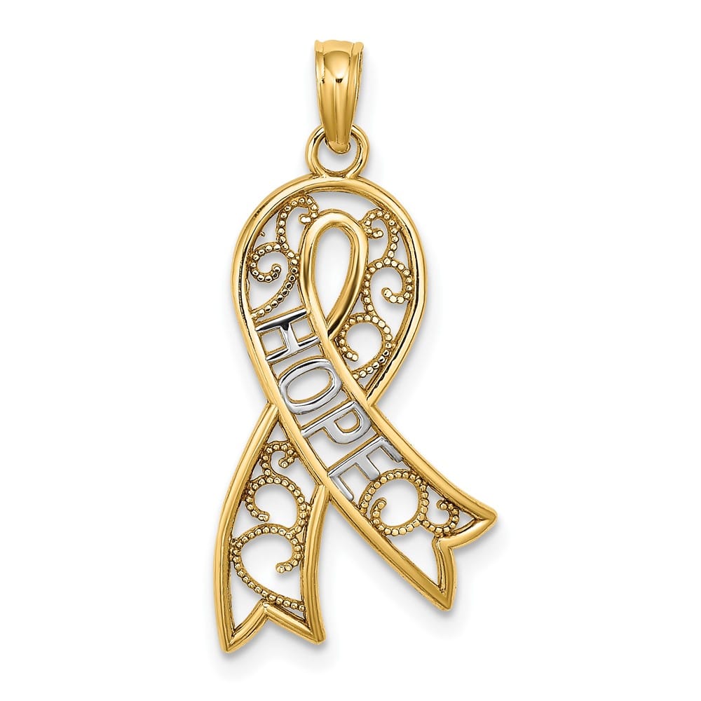 10K Yellow Gold Polished Large Hope Filigree Awareness Ribbon Charm