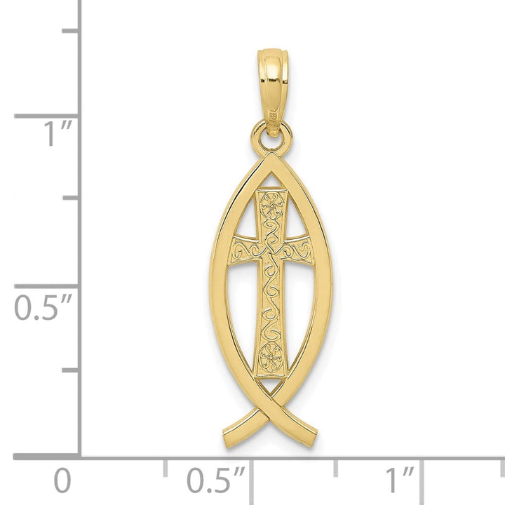 10K Yellow Gold Polished Large Ichthus Fish with Cross Center Pendant