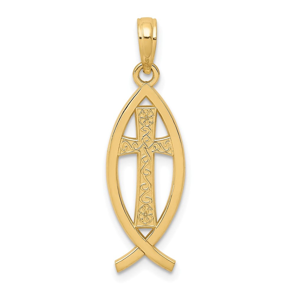 10K Yellow Gold Polished Large Ichthus Fish with Cross Center Pendant