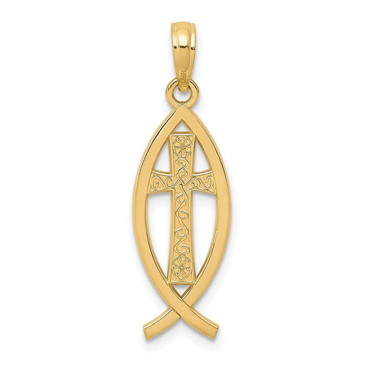 10K Yellow Gold Polished Large Ichthus Fish with Cross Center Pendant