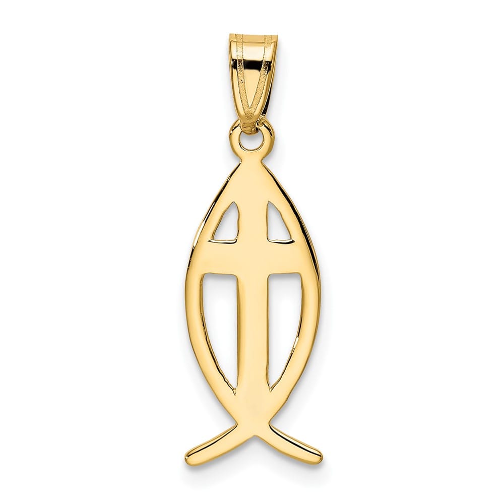 10K Yellow Gold Polished Large Ichthus Fish with Cross Center Pendant