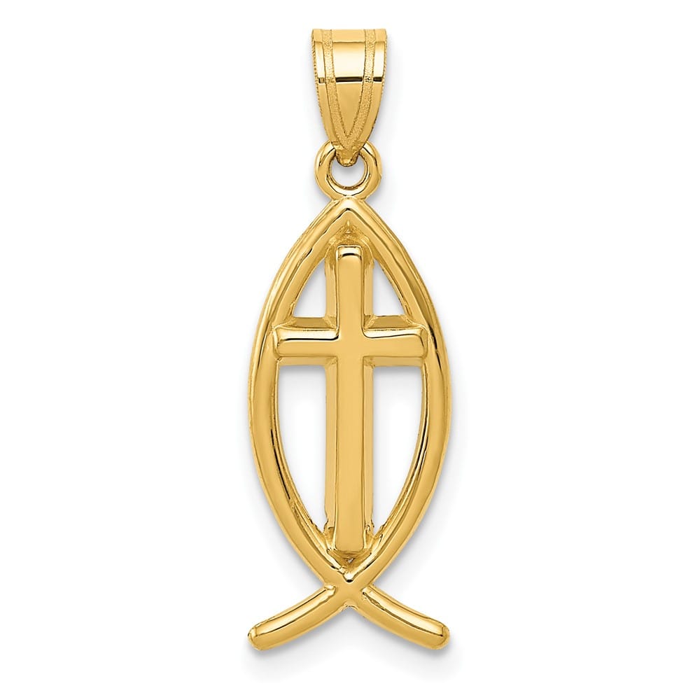 10K Yellow Gold Polished Large Ichthus Fish with Cross Center Pendant