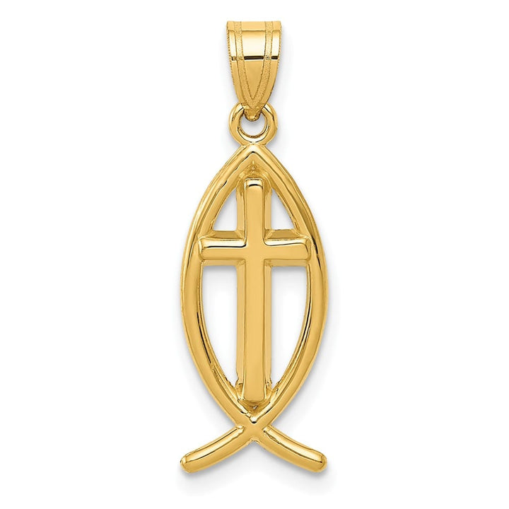 10K Yellow Gold Polished Large Ichthus Fish with Cross Center Pendant
