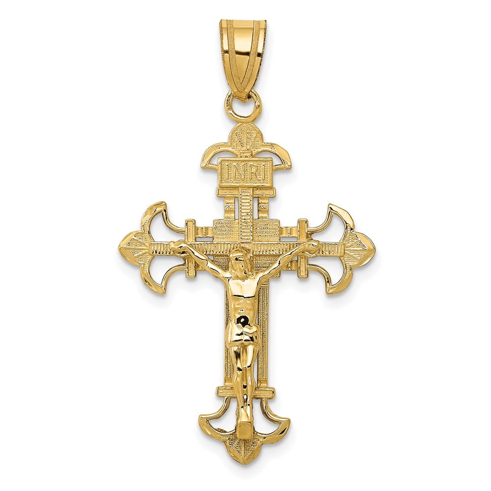 10K Yellow Gold Polished Large INRI Fleur de Lis Crucifix Pendant