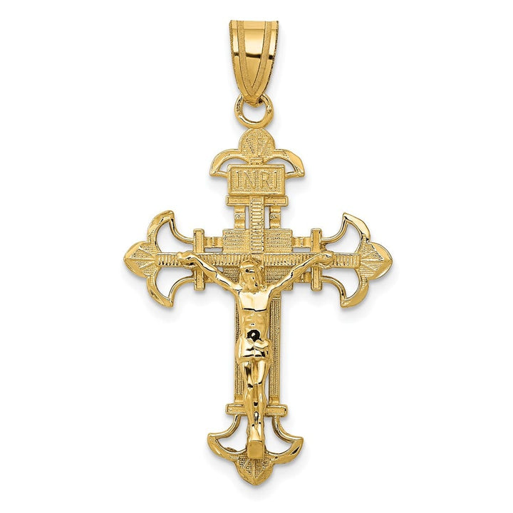 10K Yellow Gold Polished Large INRI Fleur de Lis Crucifix Pendant