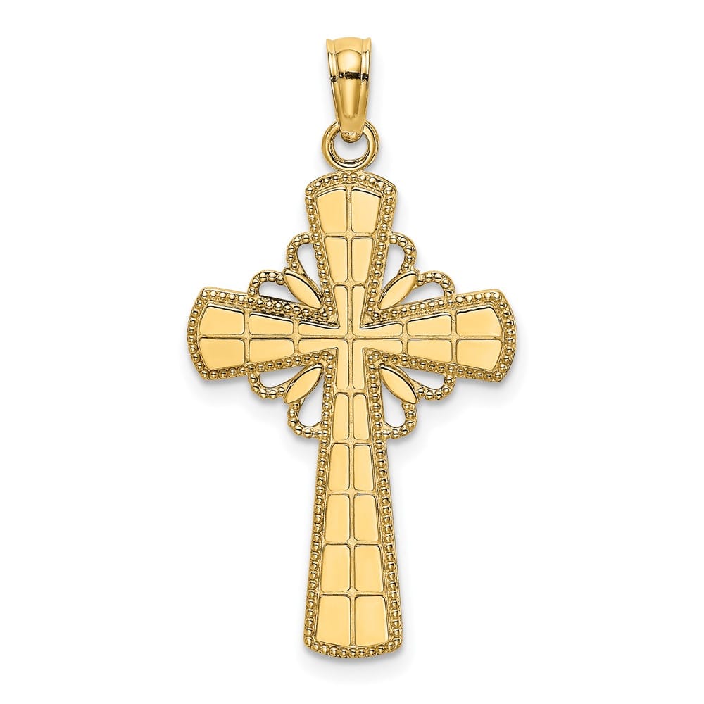 10K Yellow Gold Polished Large with Beaded Edge Grid Cross Charm