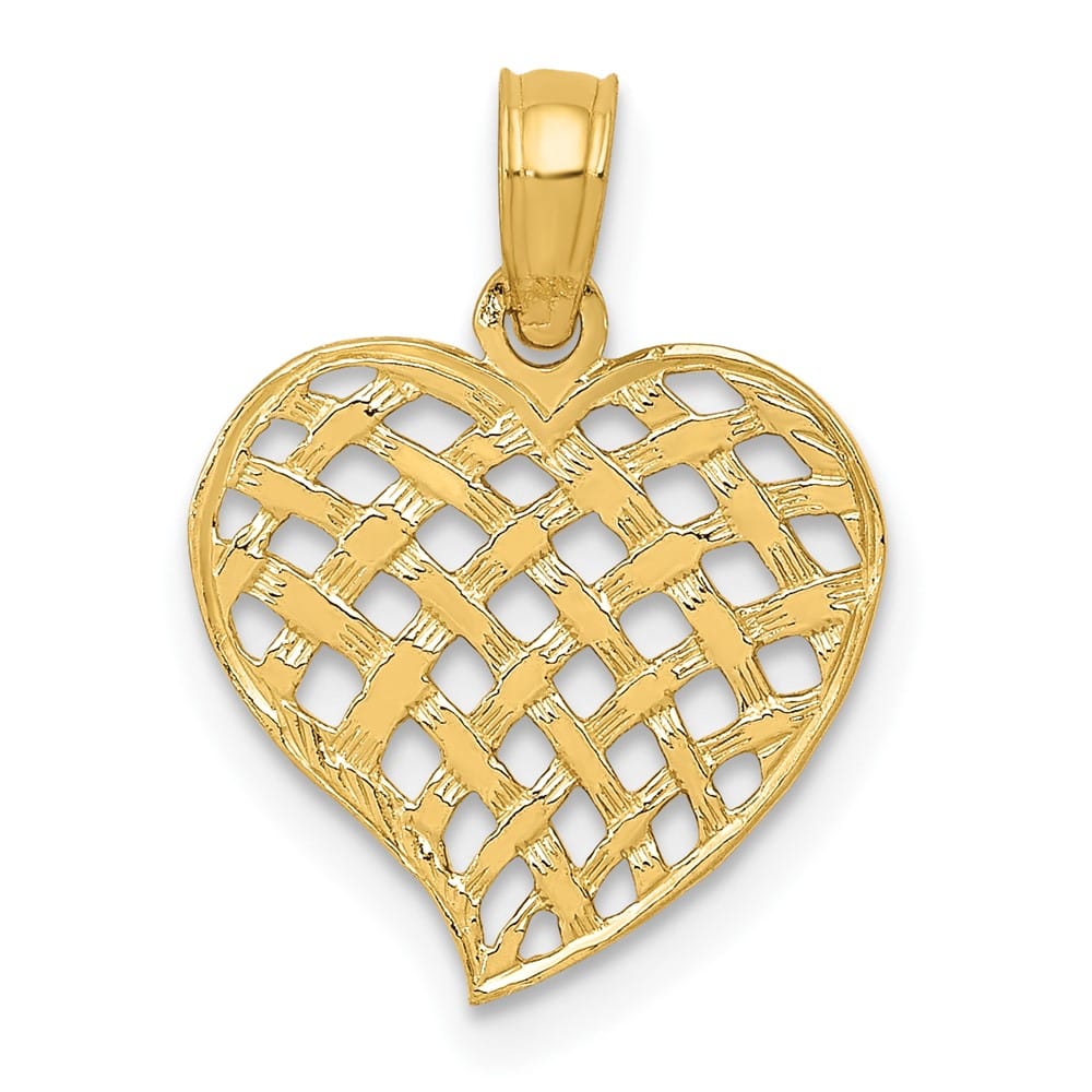 10K Yellow Gold Polished Medium Basket Weave Pattern Heart Pendant