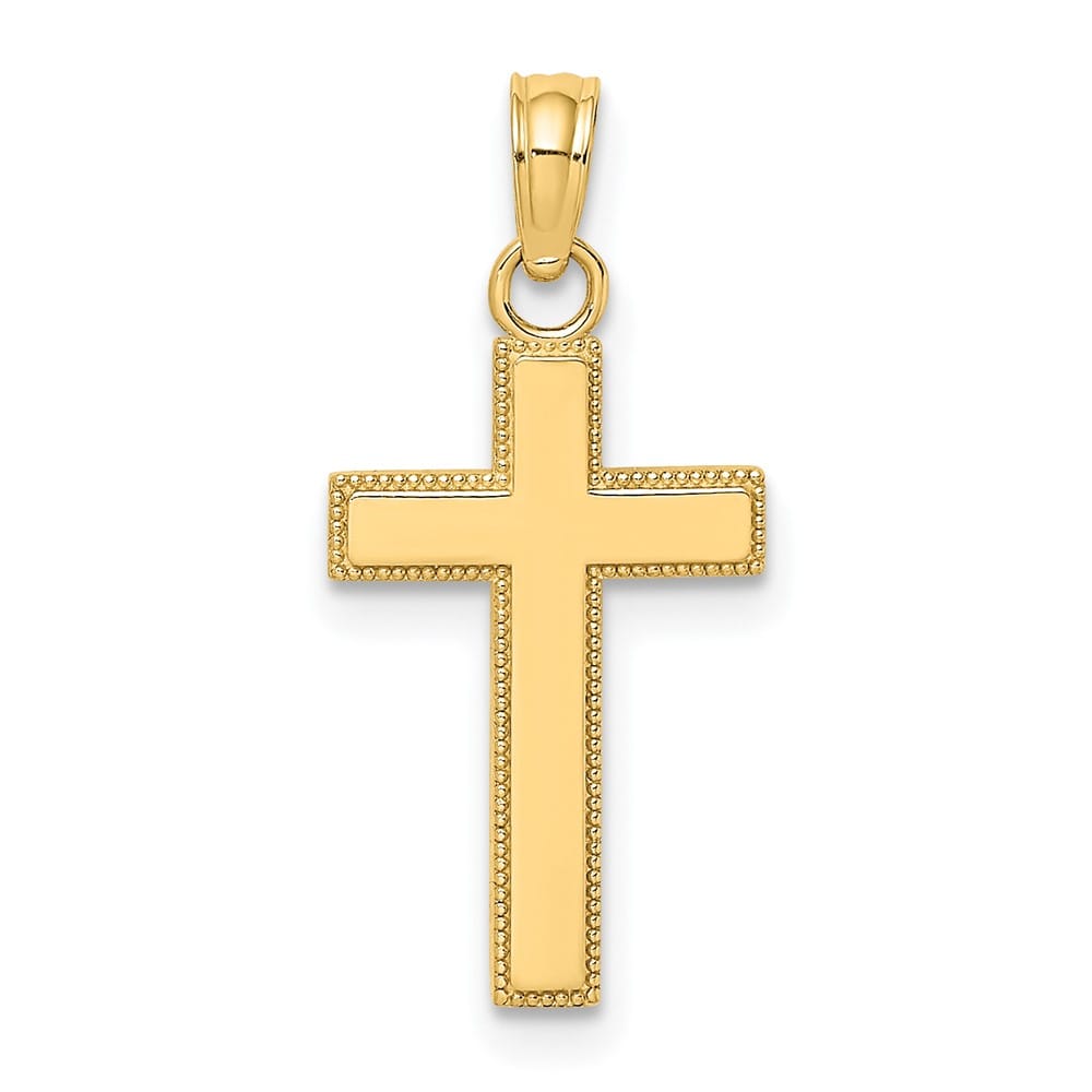 10K Yellow Gold Polished Medium Block Style Beaded Edge Cross Charm