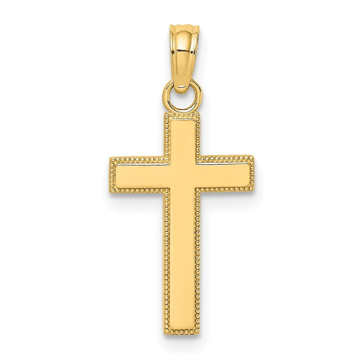 10K Yellow Gold Polished Medium Block Style Beaded Edge Cross Charm