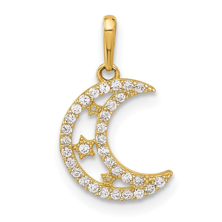 10K Yellow Gold Polished Medium Clear CZ Moon and Stars Charm