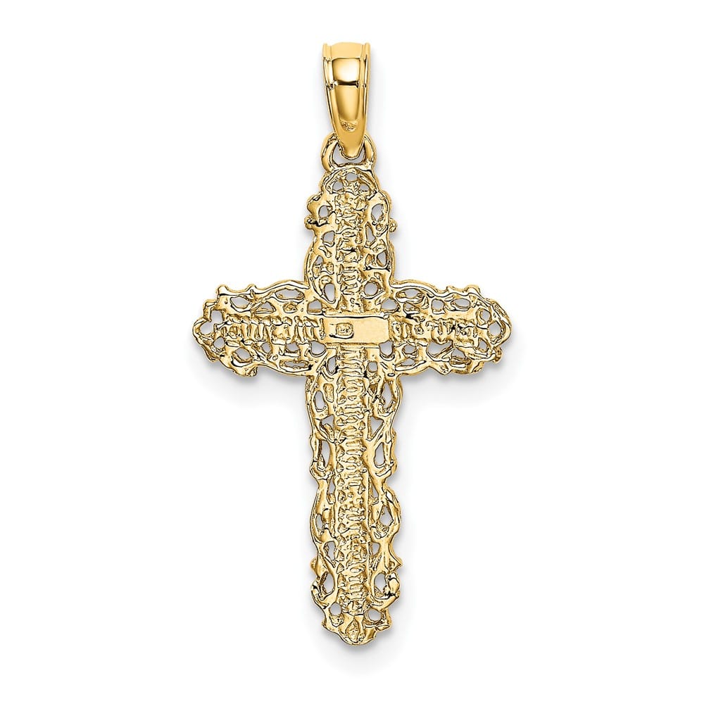 10K Yellow Gold Polished Medium Cross with Filigree Lace Trim Charm