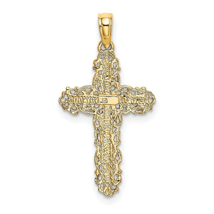 10K Yellow Gold Polished Medium Cross with Filigree Lace Trim Charm