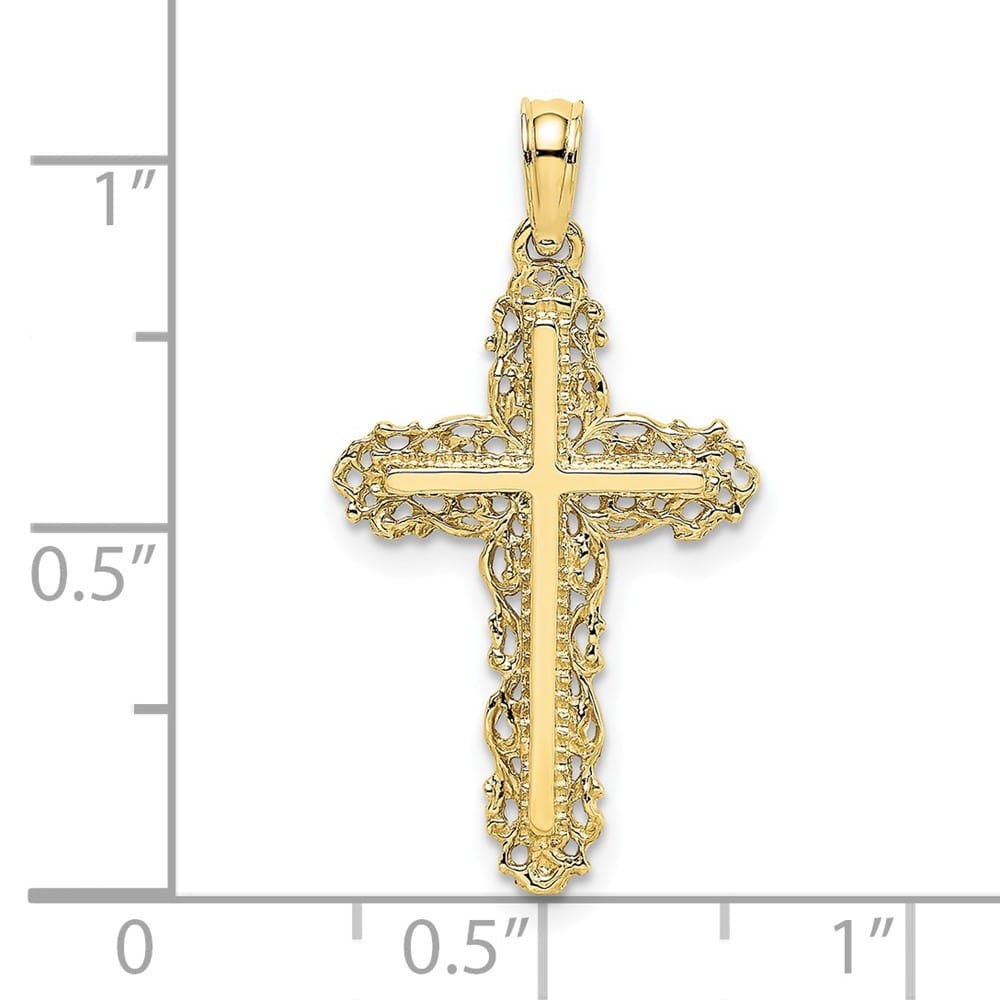 10K Yellow Gold Polished Medium Cross with Filigree Lace Trim Charm