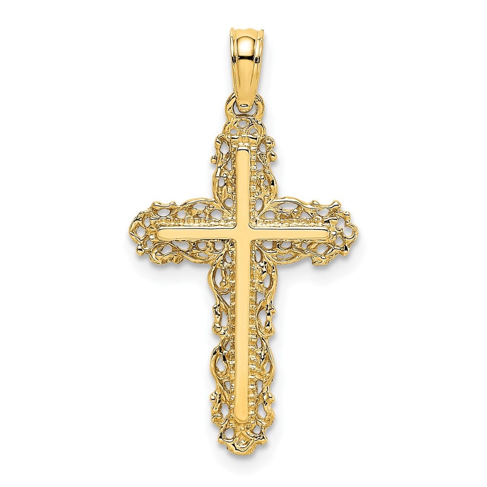 10K Yellow Gold Polished Medium Cross with Filigree Lace Trim Charm