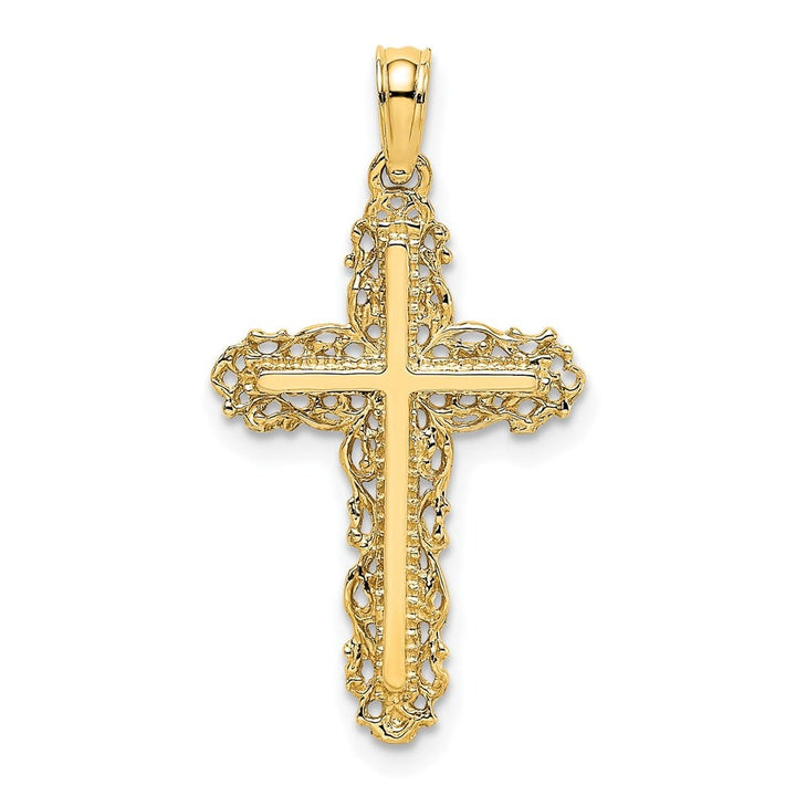 10K Yellow Gold Polished Medium Cross with Filigree Lace Trim Charm