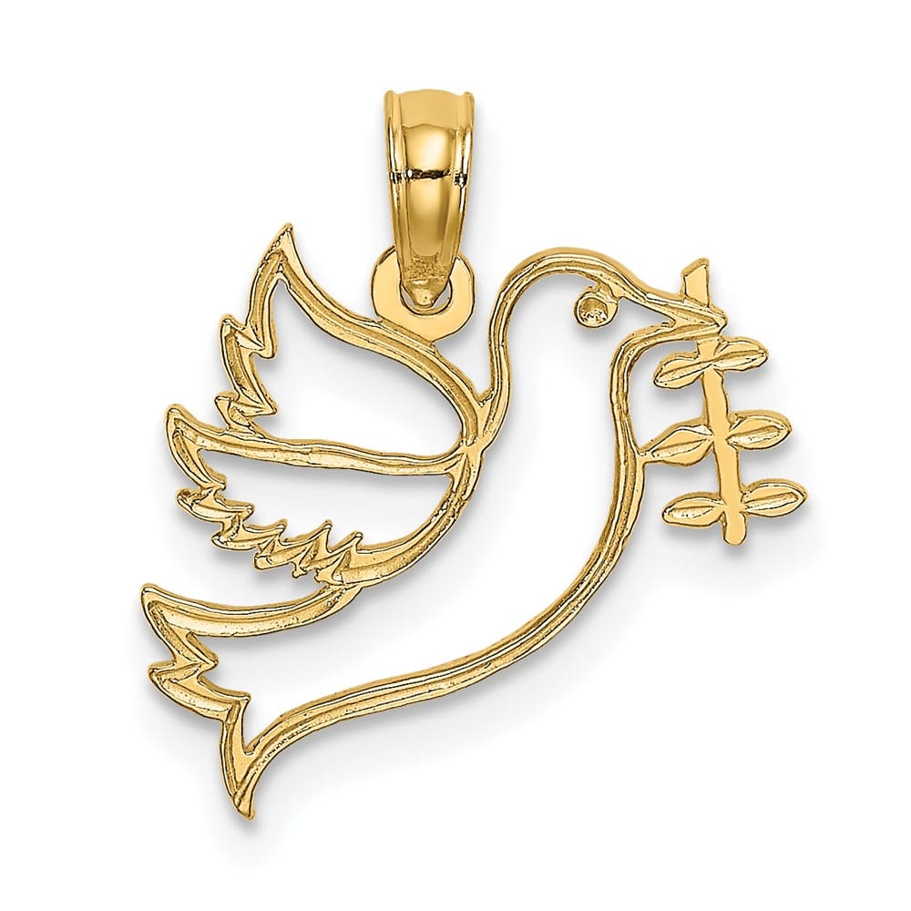 10K Yellow Gold Polished Medium Cut-Out Dove with Olive Branch Charm