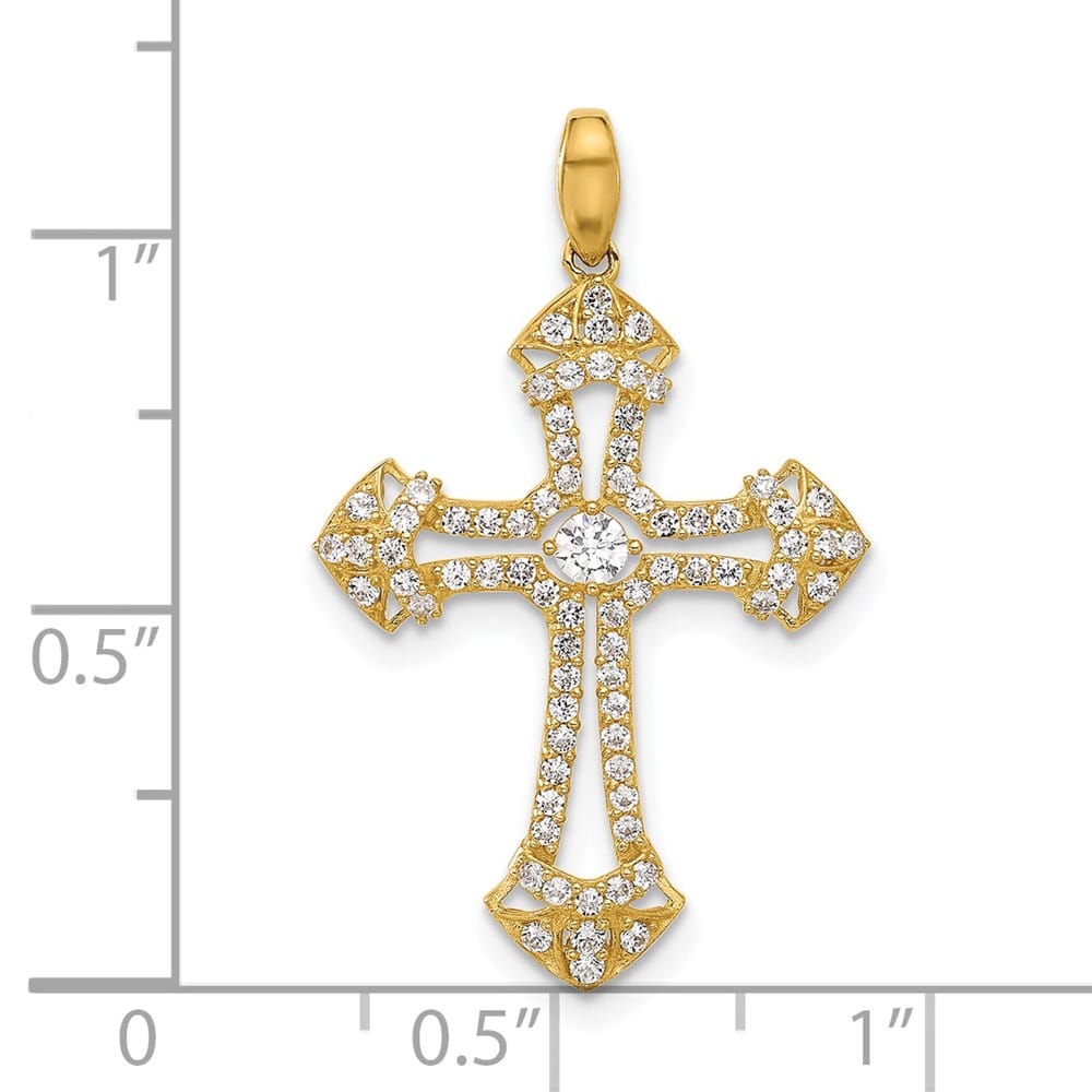 10K Yellow Gold Polished Medium CZ Fancy Fleur de Lis Cross Pendant