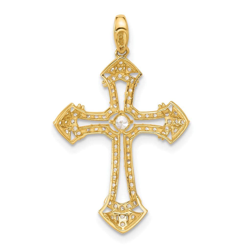 10K Yellow Gold Polished Medium CZ Fancy Fleur de Lis Cross Pendant