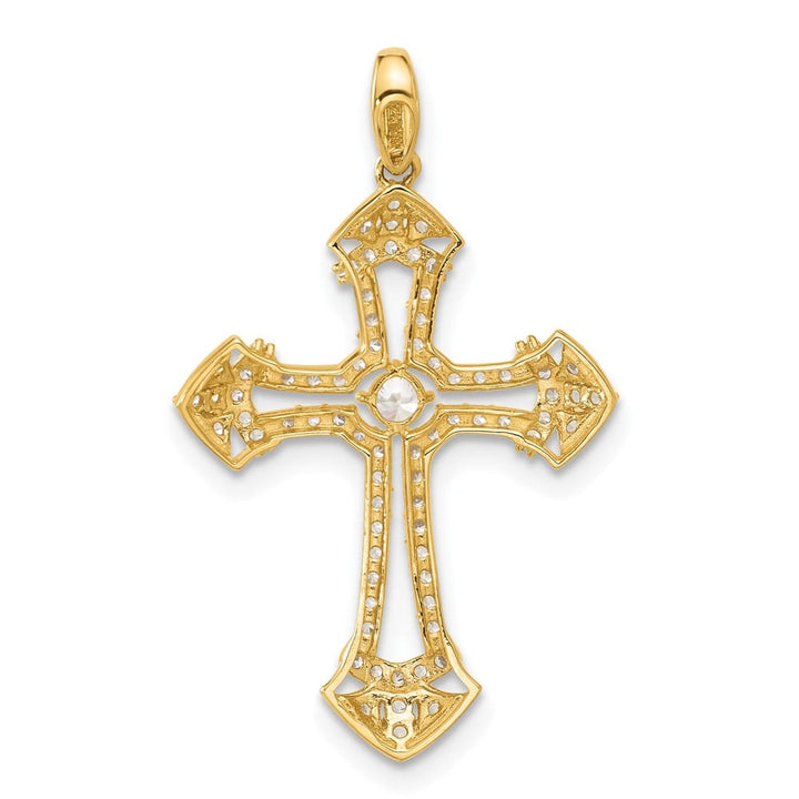 10K Yellow Gold Polished Medium CZ Fancy Fleur de Lis Cross Pendant