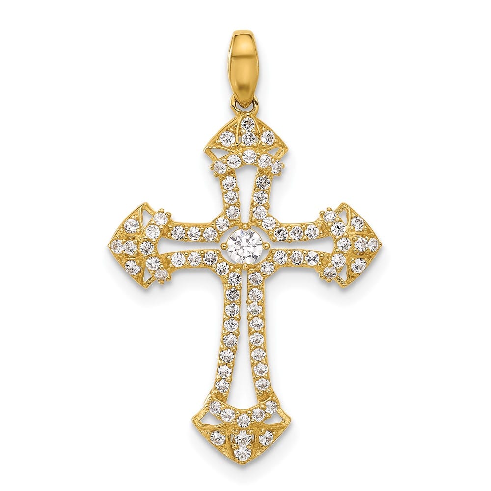 10K Yellow Gold Polished Medium CZ Fancy Fleur de Lis Cross Pendant