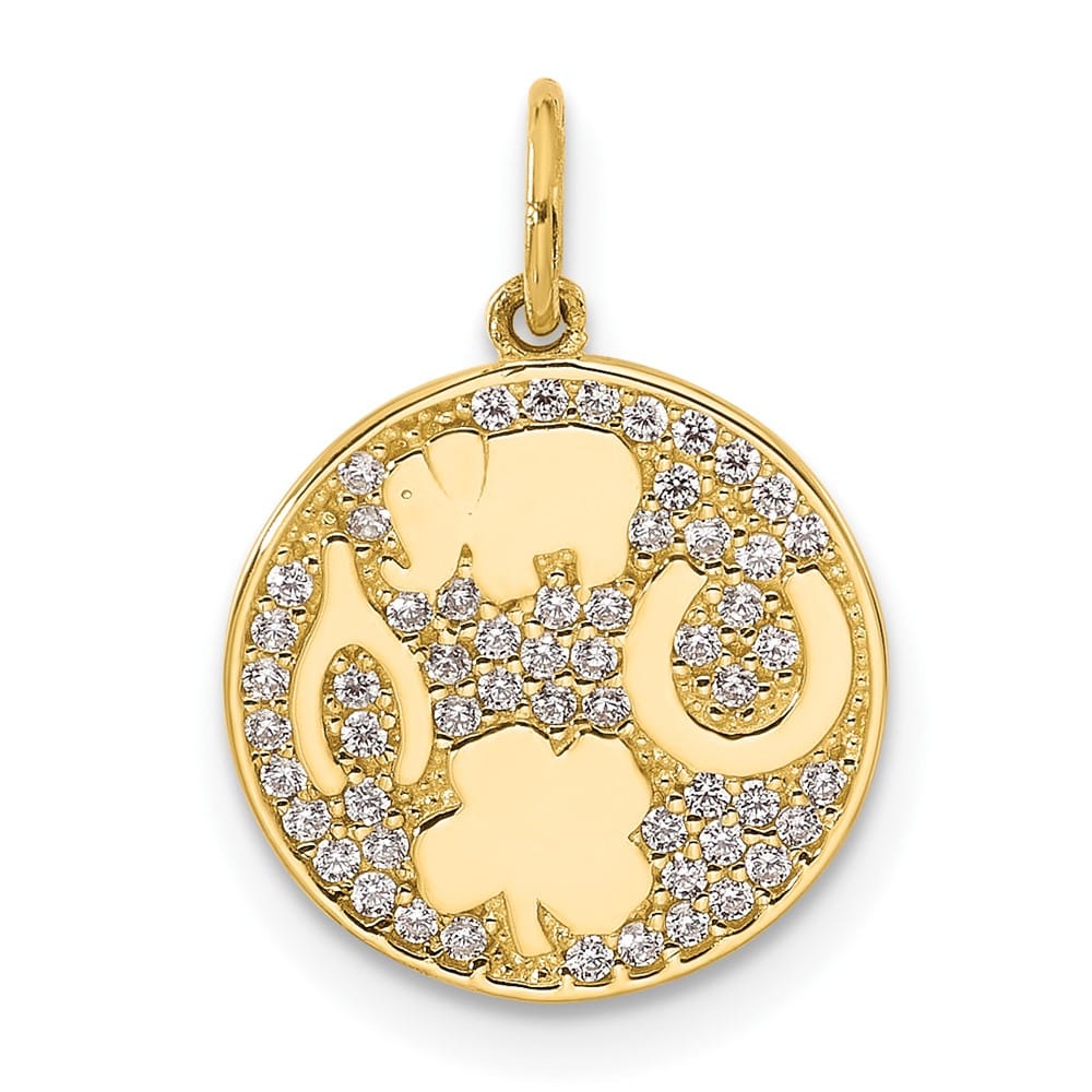 10K Yellow Gold Polished Medium CZ Good Luck Medallion Charm