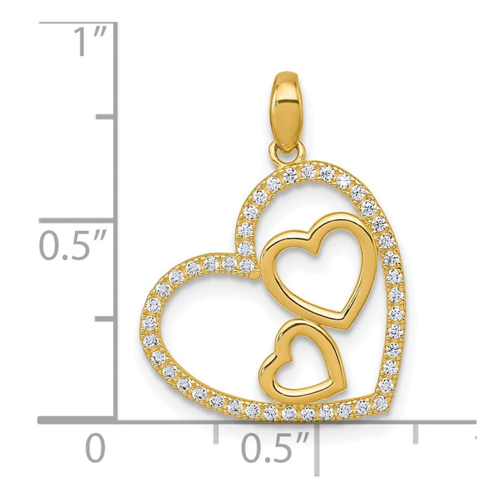 10K Yellow Gold Polished Medium CZ Heart with Two Hearts Pendant