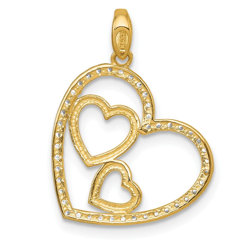 10K Yellow Gold Polished Medium CZ Heart with Two Hearts Pendant