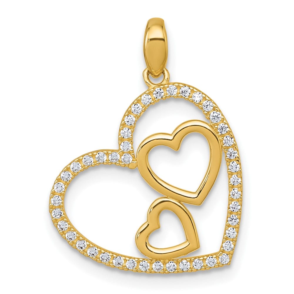 10K Yellow Gold Polished Medium CZ Heart with Two Hearts Pendant