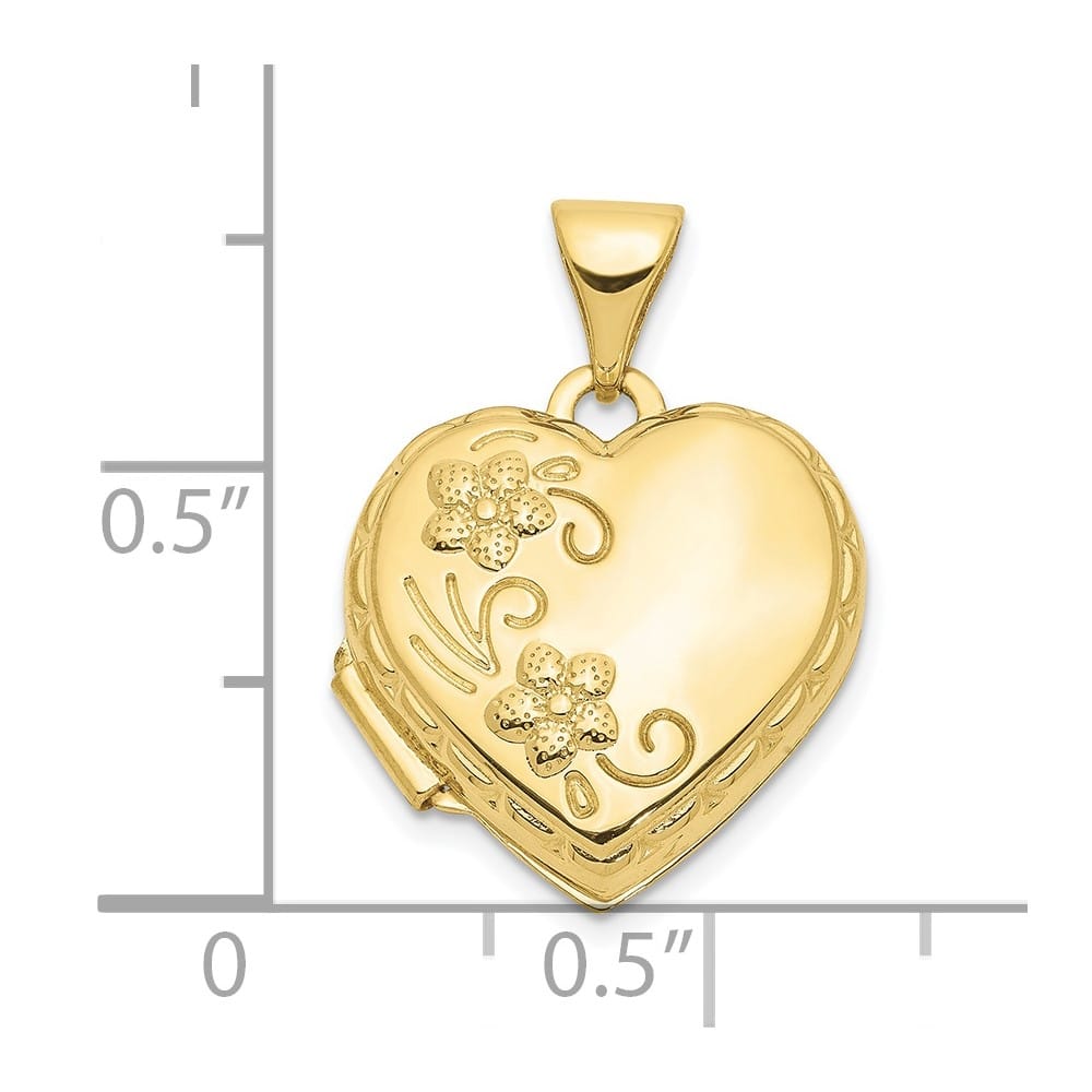 10K Yellow Gold Polished Medium Domed Floral Heart Locket