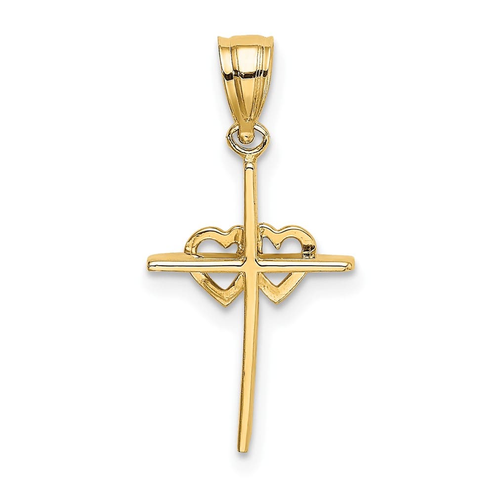 10K Yellow Gold Polished Medium Double Hearts on Stick Cross Charm