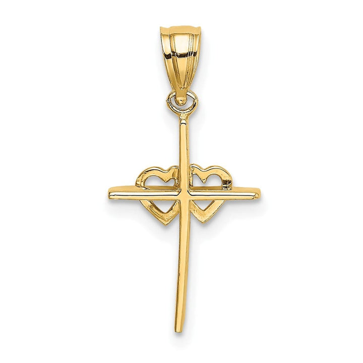 10K Yellow Gold Polished Medium Double Hearts on Stick Cross Charm